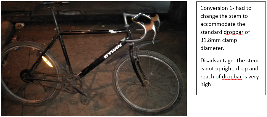 standard dropbar of 31.8mm clamp diameter. Disadvantage stem is not upright, drop and reach of dropbar is very high